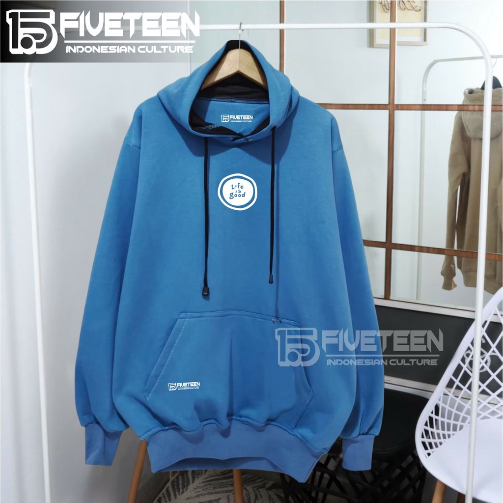 jaket distro original brand 15fifteen15 warna biru muda list sablon life is good hoodie cowok distro original sweater pria keren original kata kata zipper hoodie wanita oversize jumbo suwiter dewasa murah laki laki fifteen