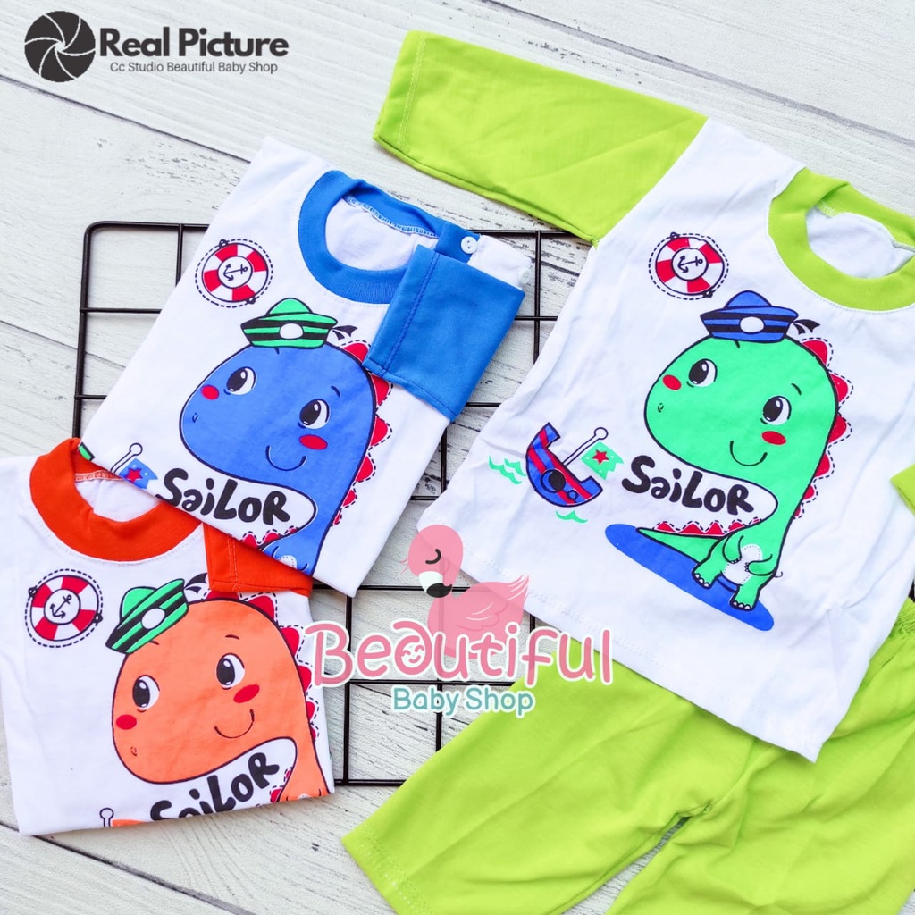 Setelan Baju Bayi Lengan Panjang Motif Dino Salior / Setelan Piyama Bayi / Baju Bayi Panjang / Baju Tidur Bayi / Baby.ou_