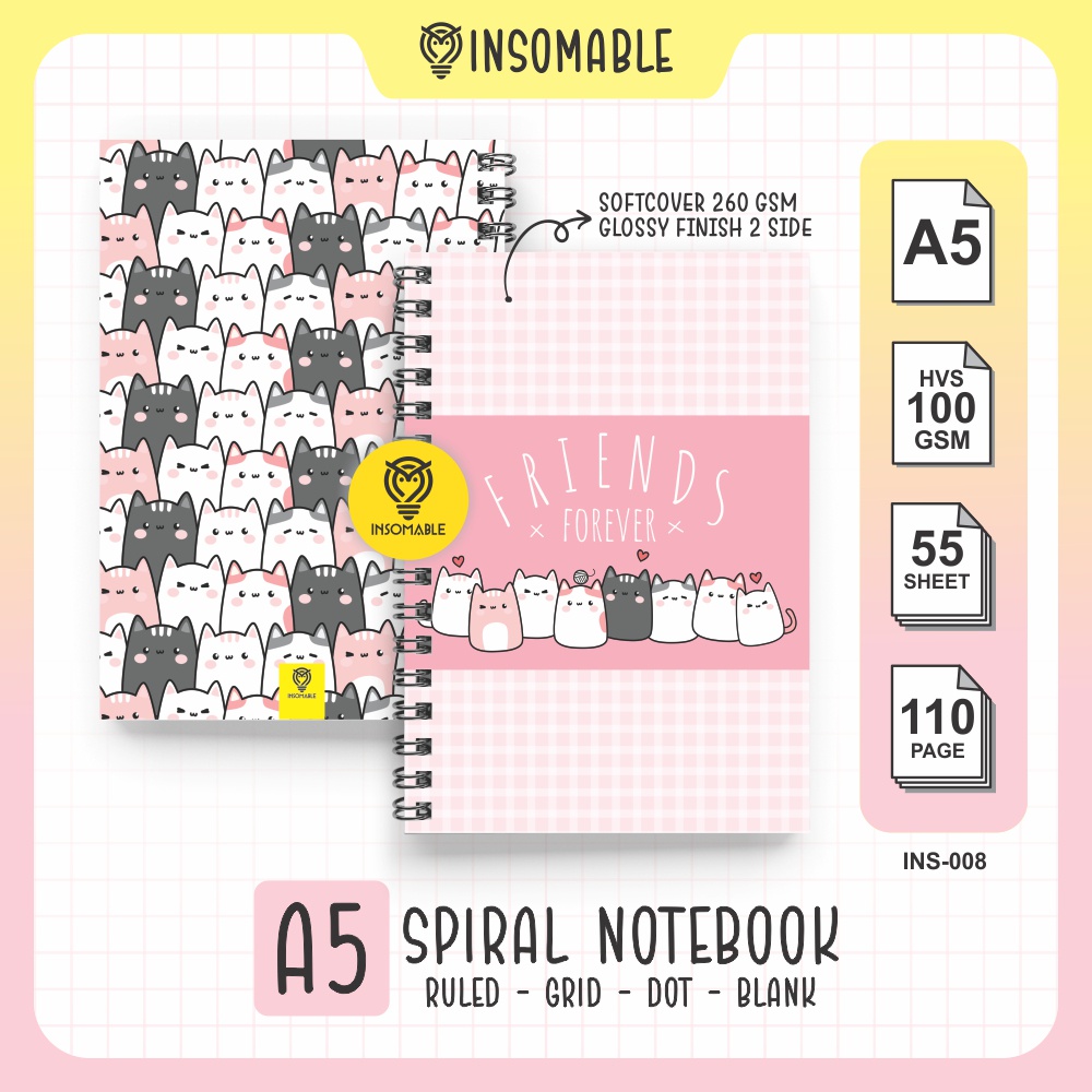 

Spiral Notebook A5, INS-008 Buku Catatan Kucing Lucu, Kawaii Cat Spiral Notebook - A5 isi 50 lembar HVS 100gsm [INSOMABLE]