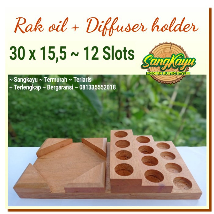 Rak oil kayu 30x15cm 12 slot essential oil air humidi diffuser holder