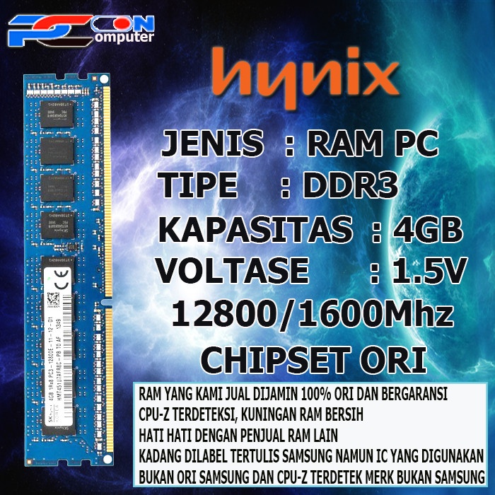 RAM MEMORY LONGDIM PC DDR3 4GB PC12800 Longdim 1600mhZ HYNIX