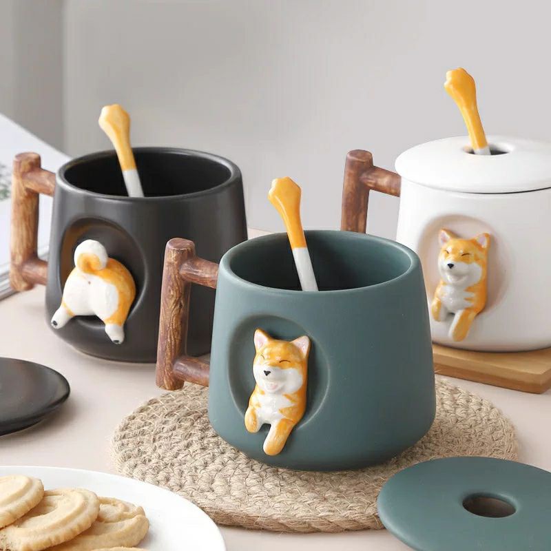 Mug Keramik Hachiko Shiba Inu Sendok Tutup Kado Ultah Souvenir Cangkir Gelas Lucu Unik Birthday Gift