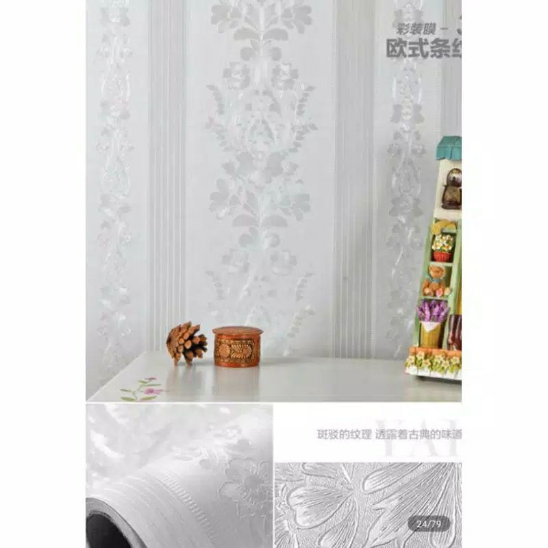 Wallpaper Stiker Dinding Emboss Polos Tekstur Garis Bunga Putih 10m x 45cm