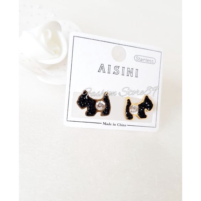 Anting Impor Titanium Edisi Terbatas Anting Tusuk Doggy Lucu Full Permata Bahan Titanium