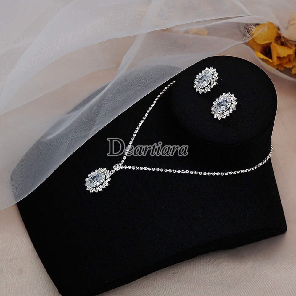 Set Anting Dan Kalung Bentuk Water Drop Bahan Zirkon Berlian Imitasi