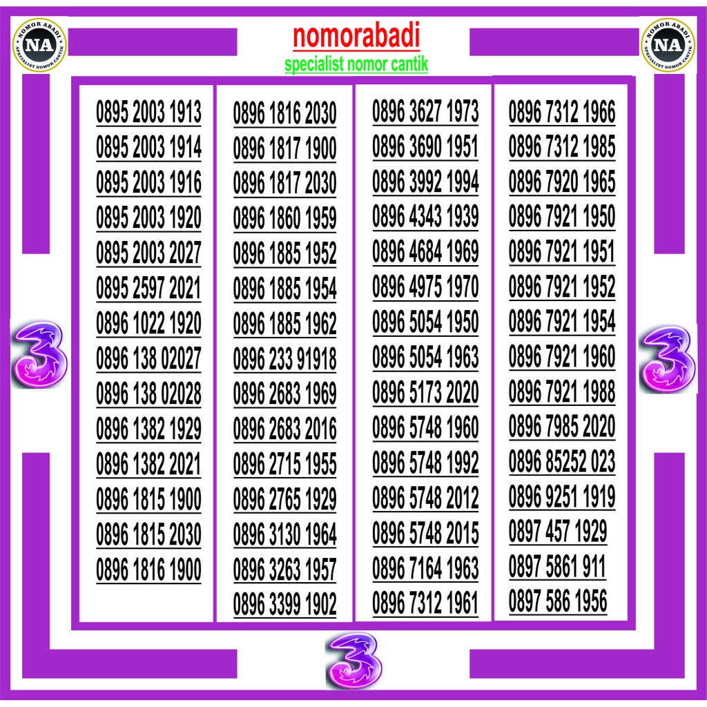 nomor cantik tri tahun h50