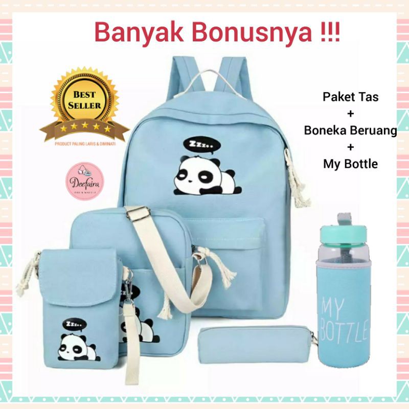 Tas Backpack Wanita Tas Sekolah Anak Perempuan Model Panda Paket Plus Boneka Beruang dan My Bottle