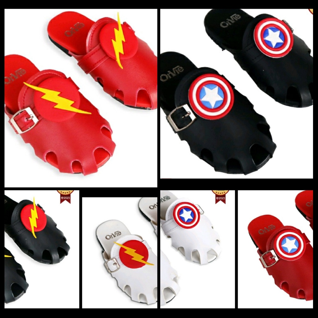 Sandal Kulit Gesper Anak Laki-laki Motif Superhero Marvel Captain Amerika Flash/ Sandal Selop Anak C