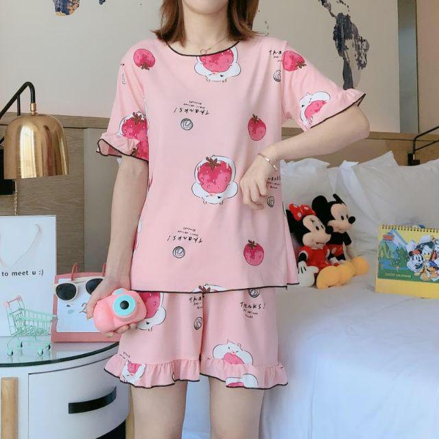 Baju tidur Wanita Import Bahan Kaos Spandex Tebal Aneka Motif All Size L Short Pants-Delima