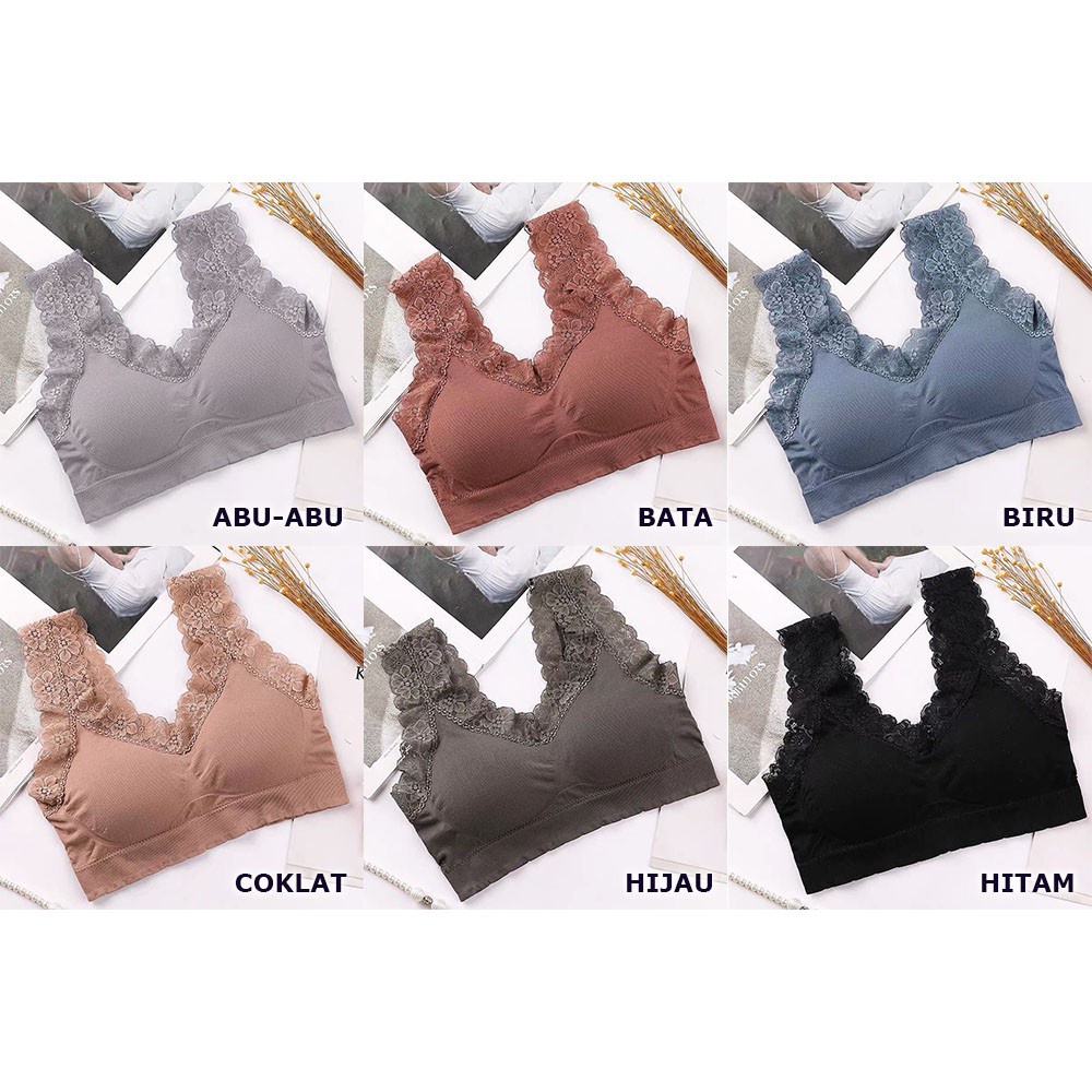 BV.ID BR025 BH WANITA SPORTS BRA V-NECK AKSEN HEM LACE DENGAN PAD BUSA UNTUK YOGA COD