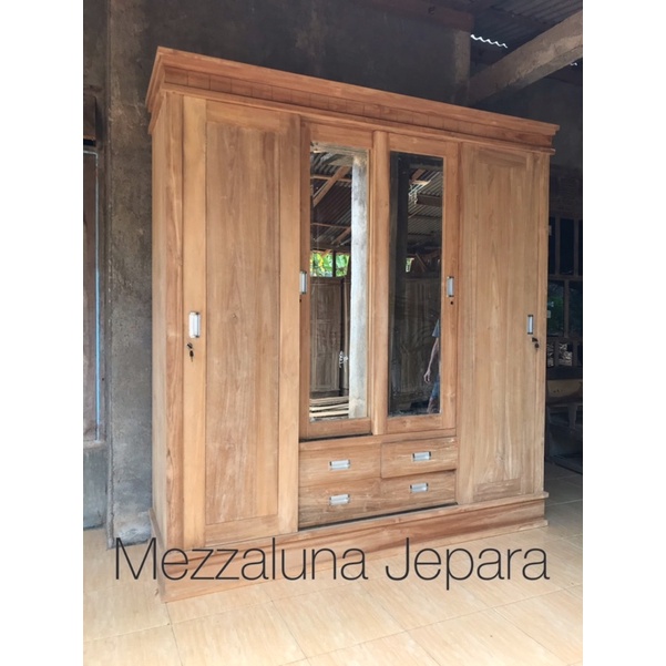 LEMARI 4 PINTU KAYU JATI MINIMALIS MODERN | KOMBINSI PINTU SLIDING DAN REGULER