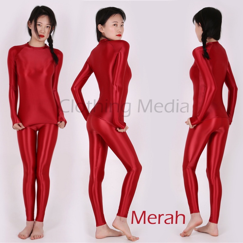 Setelan Silky Baju Lengan Panjang Celana Legging Bodysuit Glossy Manset Halus