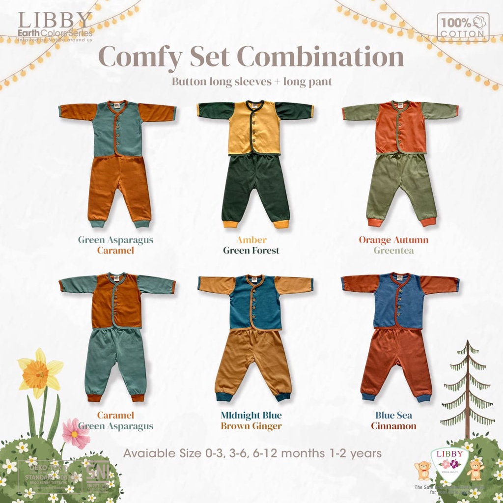 Libby Comfy Set 0-12 Bulan Earth Series Panjang Piyama Bayi Premium