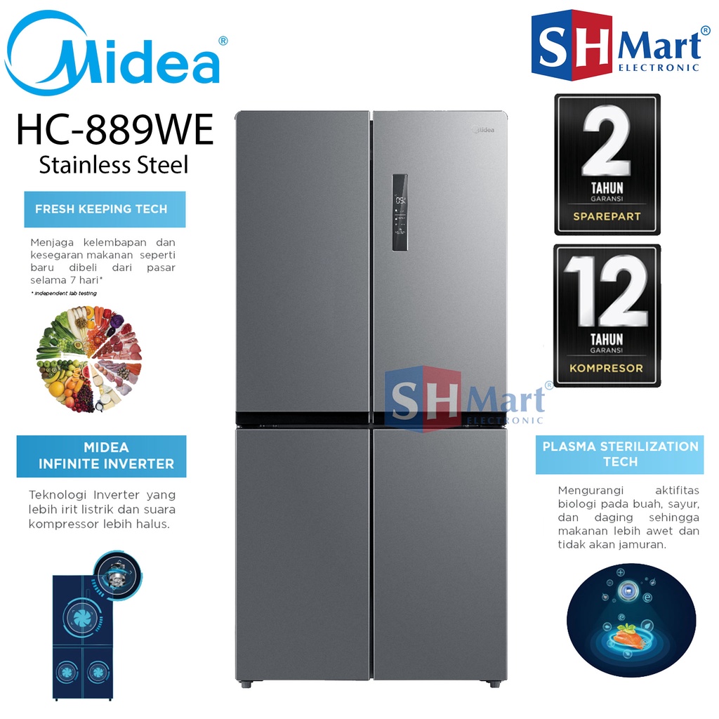 KULKAS SIDE BY SIDE 4 PINTU MIDEA HC-889WE / HC889WE HC-889GV HC889GV INVERTER HEMAT LISTRIK GARANSI RESMI (MEDAN)