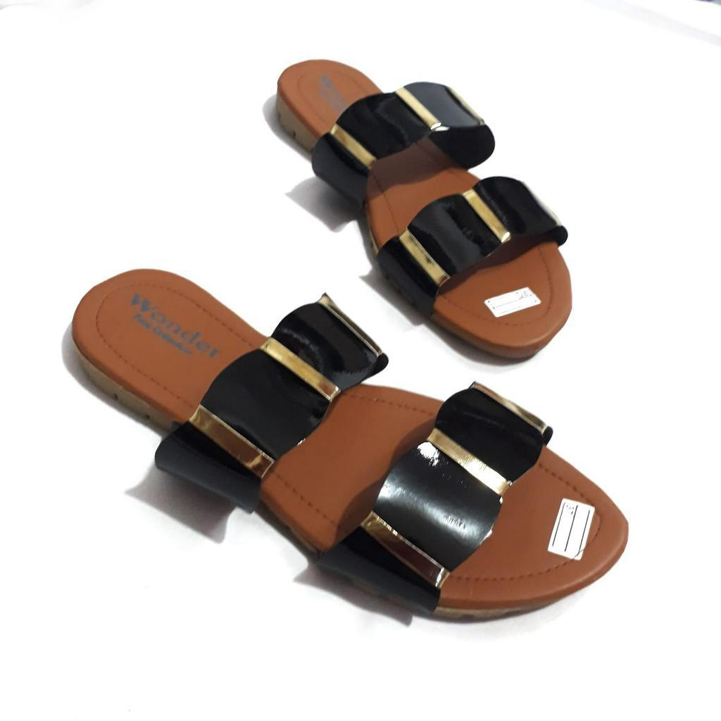 Sandal Wanita garis emas bisa COD Sandal Teplek