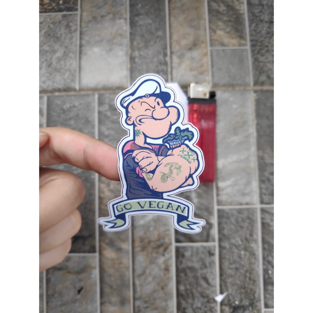 Stiker Vinyl Popeye Go Vegan Karakter Motor Helm Laptop Case Casing HP Frame Sepeda Powerbank Buku