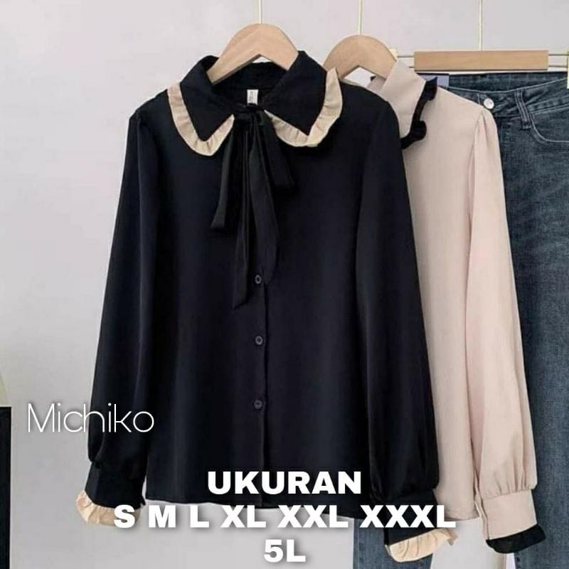 Kemeja Hitam Polos Wanita Jumbo MICHIKO BLOUSE S M L XL XXL 3XL 5L Atasan Kemeja Blouse Wanita Korean Style Oversize