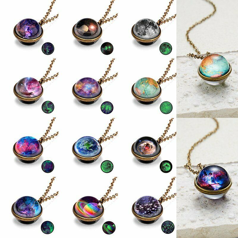 Kalung Rantai Dengan Liontin Dome Kaca Dua Sisi Motif Sistem Tata Surya
