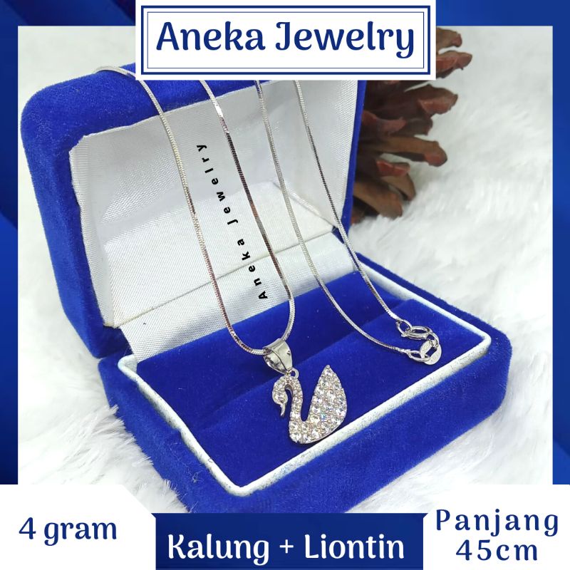 Kalung Cassandra + Liontin Angsa Mata2, Perak 925, Lapis Emas Putih