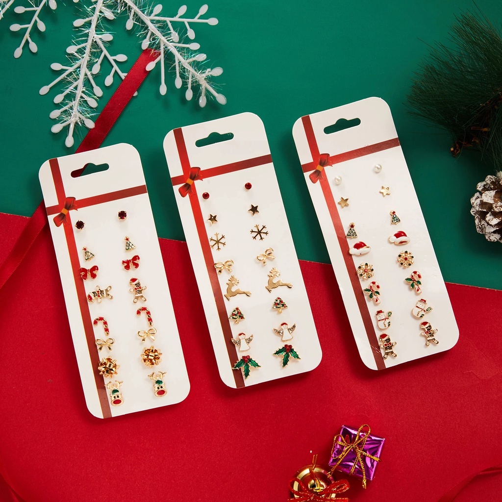 8 Pasang / Set Anting Stud Desain Pohon Natal Rusa Snowman