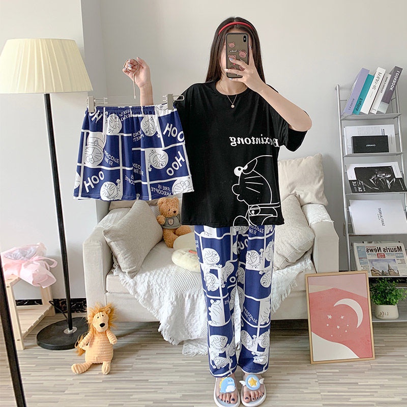 Baru set Baju Tidur Wanita Dewasa Oversize Piyama Bahan Kaos Celana Panjang & Pendek Setelan Baju Tidur 3IN1 Setelan Piyama-Black Doraemon