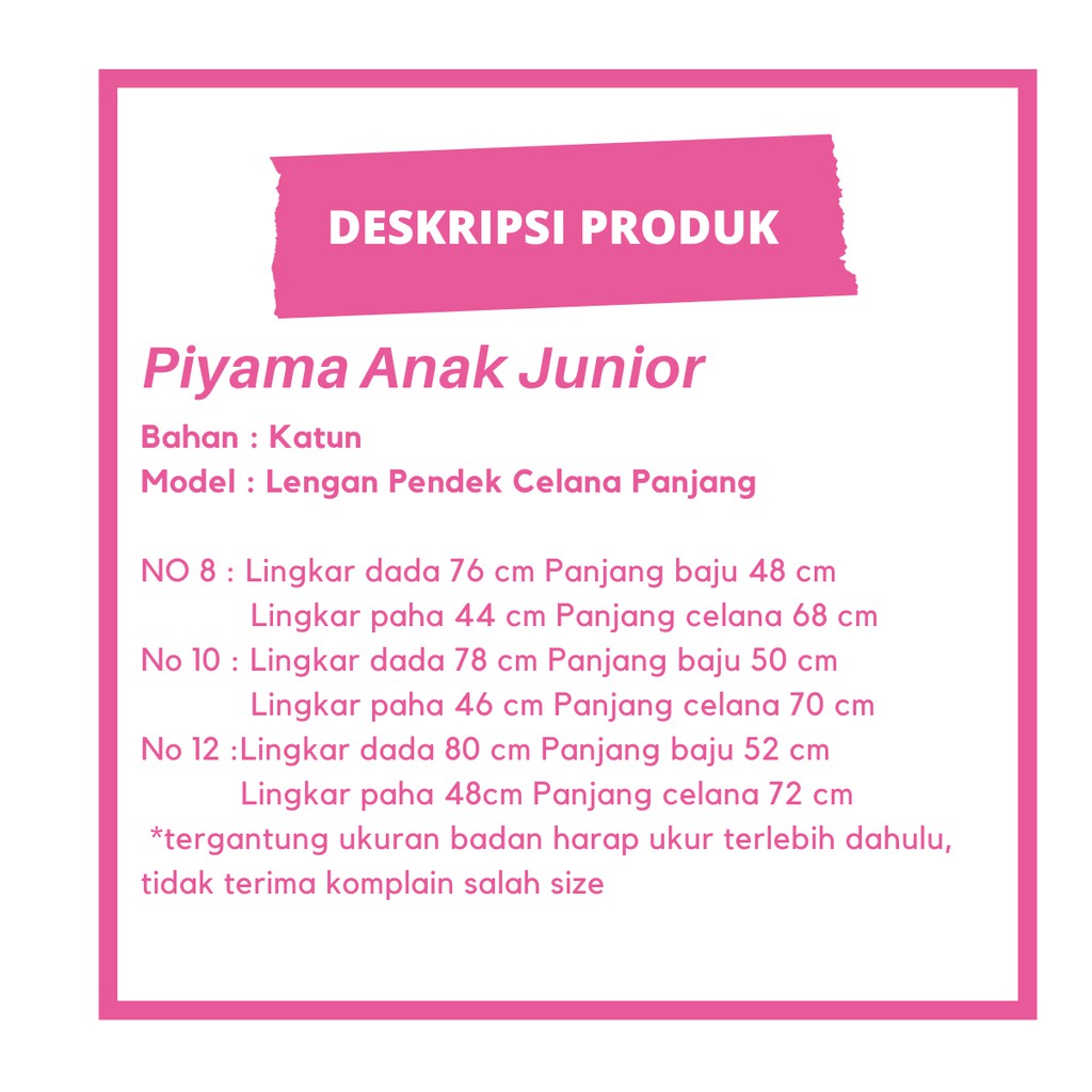 PIYAMA ANAK JUNIOR NO 8 10 12 usia 5 thn sd 10 thn