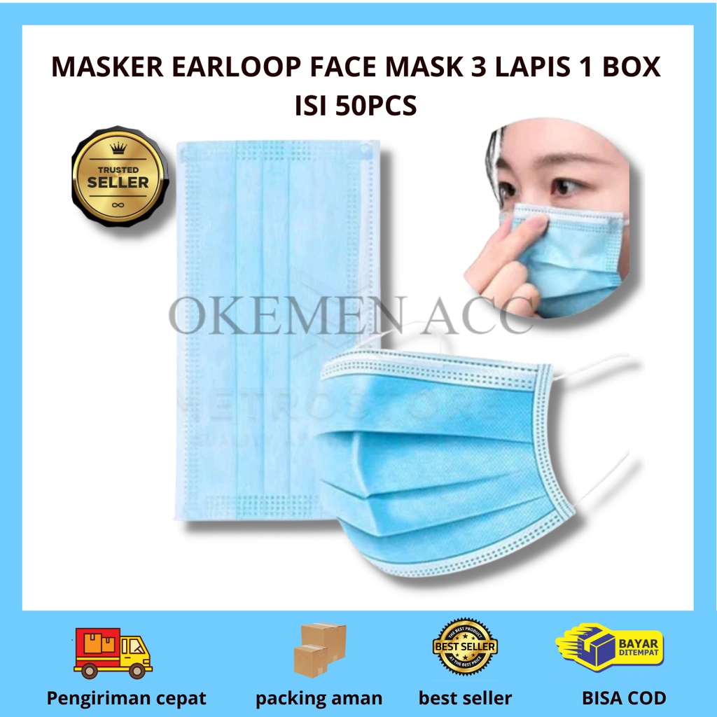 MASKER EARLOOP FACE MASK 3 LAPIS 1 BOX ISI 50PCS  / masker medis / masker 3 ply / masker dewasa polos / masker dewasa 1 box / masker 3 ply 1 box isi 50
