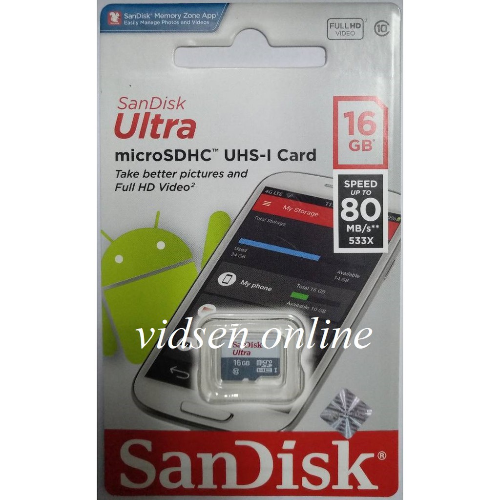 SanDisk Ultra Micro SD / MicroSD Card 16Gb 80MBps Class 10