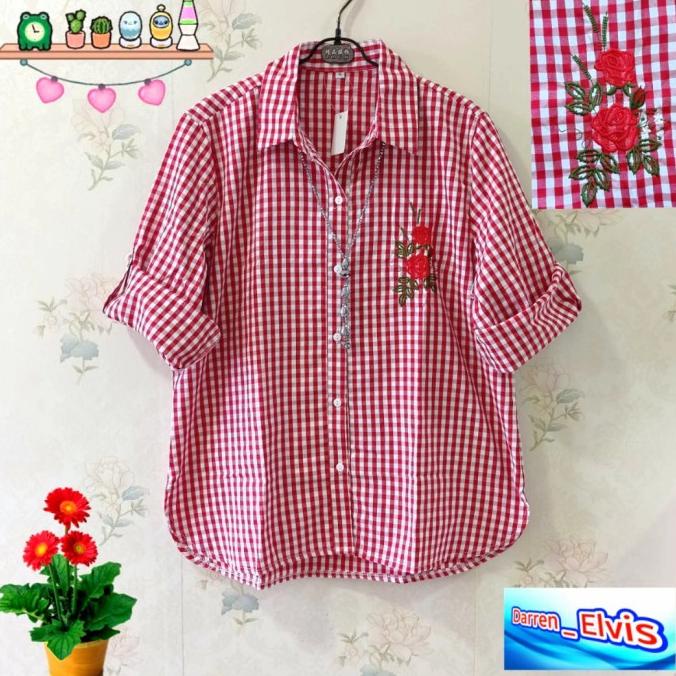 Kemeja Wanita Import / Kotak Merah / Bordir Bunga Mw001