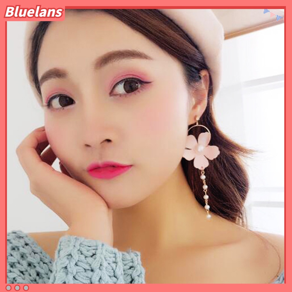 Bluelans Fashion Women Chiffon Flower Faux Pearl Circle Long Dangle Stud Earrings Jewelry