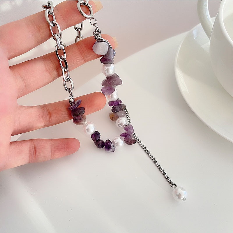Irregular Purple Crystal Stone Necklace Accessories Titanium Steel Spliced Pearl Clavicle Chain Simple Personality