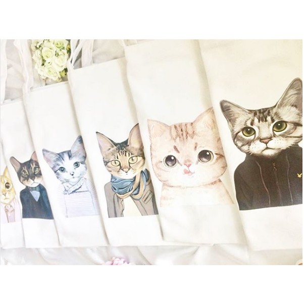 TAS TOTE BAG BAHAN LINEN MOTIF KUCING/CAT LOVERS/SHOULDER BAG
