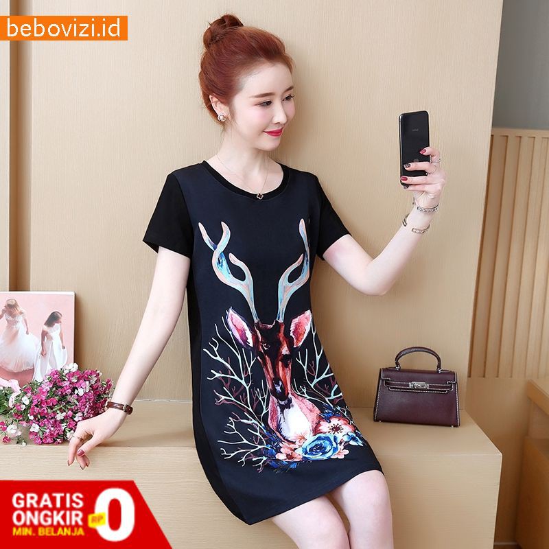 Dress Jumbo Midi Gaya Korea Motif Print Bunga Ada 5Xl Wanita