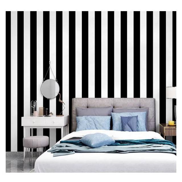 WALLPAPER STICKER DINDING MOTIF HITAM GARIS PUTIH 45 CM X 10 METER