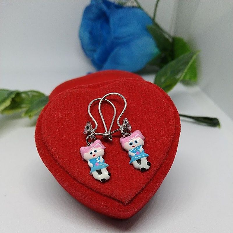 Anting Kait Desy Anak Gambar Boneka, Perak Asli 925, Dilapiskan Dengan Emas Putih