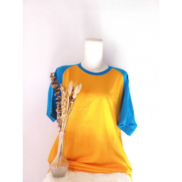 kaos raglan ukuran anak dewasa jumbo kuning kombonasi biru turkis lengan pendek 3/4 7/8 dan panjang