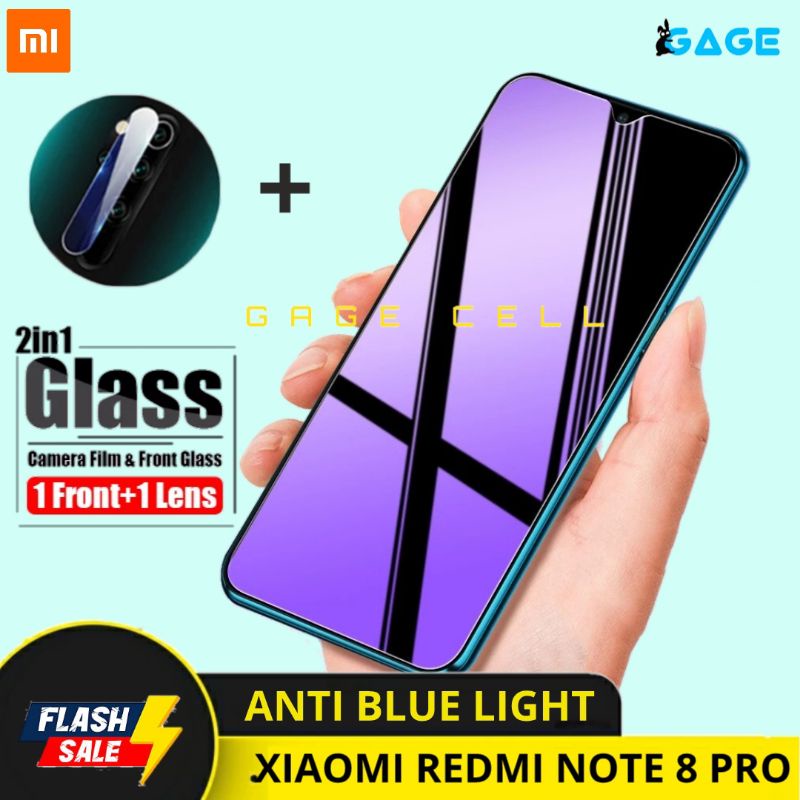 2IN1 TEMPERED GLASS ANTI BLUE LIGHT RAY LAYAR KAMERA XIAOMI REDMI NOTE 8 PRO 8PRO SCREEN PROTECTOR