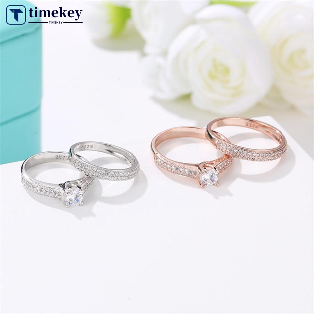 Timekey 2Pcs / Set Cincin Wanita Hias Zircon Gaya Klasik Untuk Pertunangan / Pernikahan A8K9