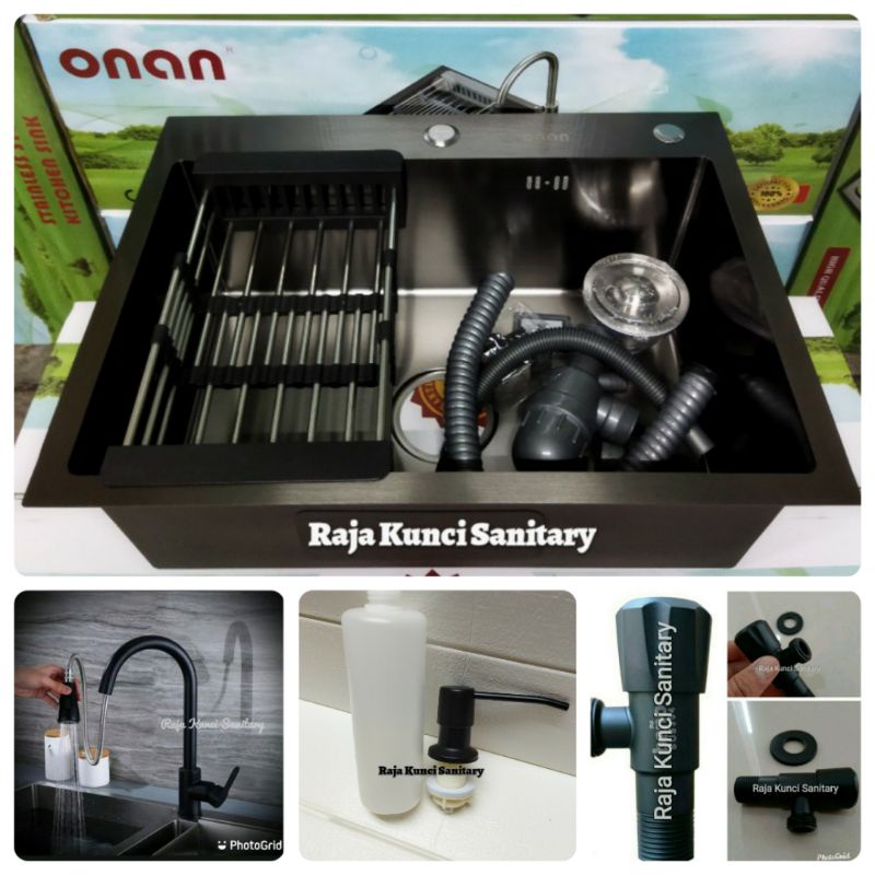 Paket Lengkap Kitchen Sink 5040 Black Onan/Golden Hand+Kran Tarik Panas Dingin Hitam/Black