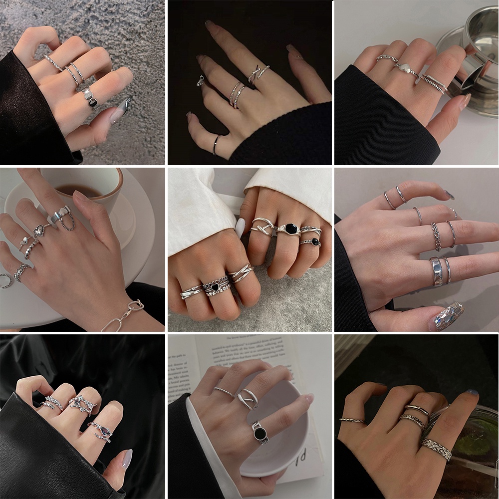 Set Cincin Rantai Mutiara Bentuk Hati Bahan Resin Alloy Gaya Retro Untuk Wanita