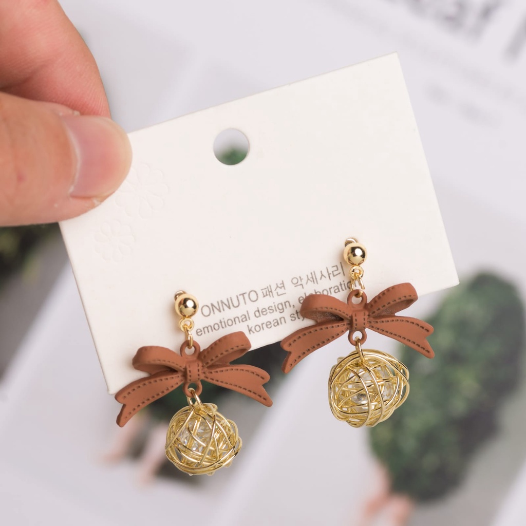 [littlecrab] Anting Pita Bola Sarang Lucu Simple Elegan Anting Coklat Gold Outline Cute Woman Earrings Anting Berkualitas Korean Style