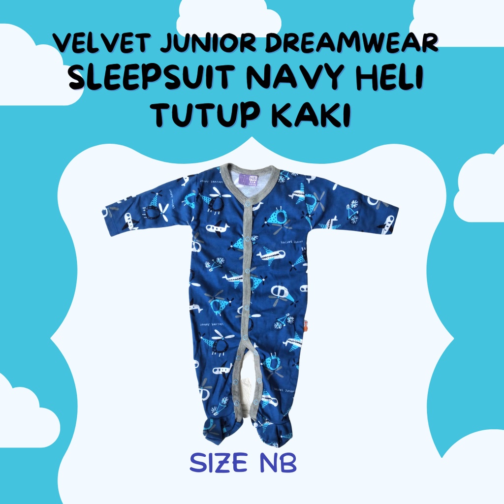 TUTUP Kaki NAVY HELI Sleepsuit VELVET DREAMWEAR NB BOY  TERTUTUP sleep suit dream wear new born