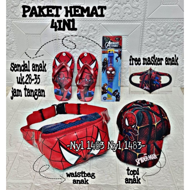 Paket Hemat 4in1 tas Waistbag anak laki-laki karakter superhero / free topi/ jam/ sandal