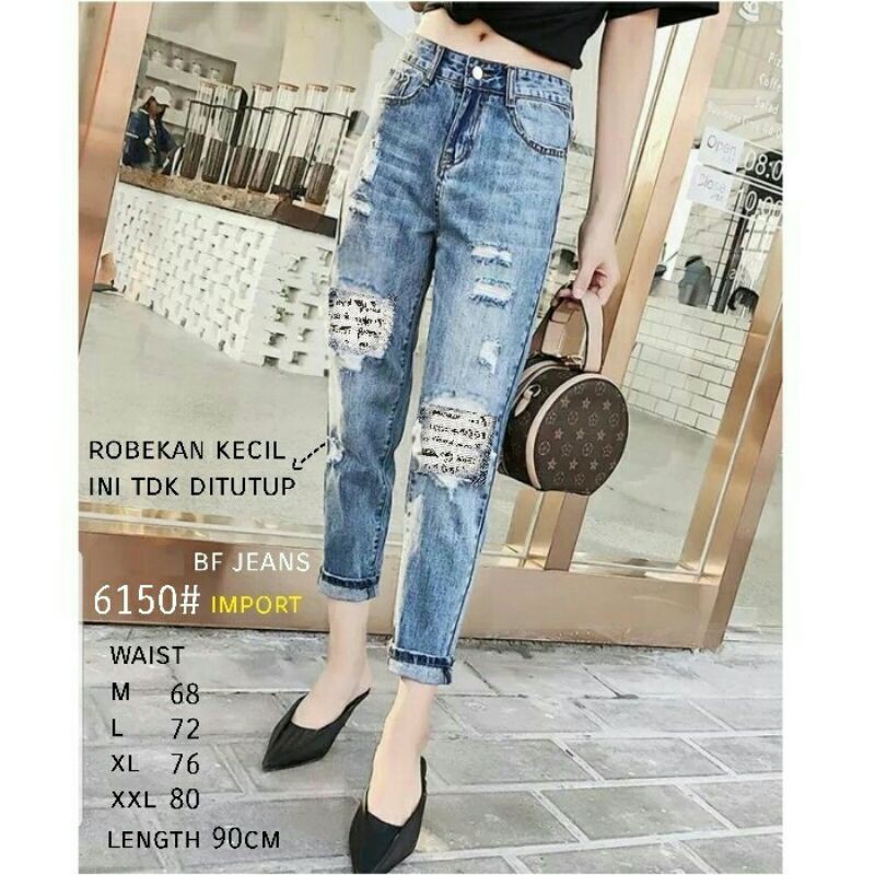 6150 Celana jeans boyfriend denim sobek cewek import celana jeans panjang sobek cewek biru import
