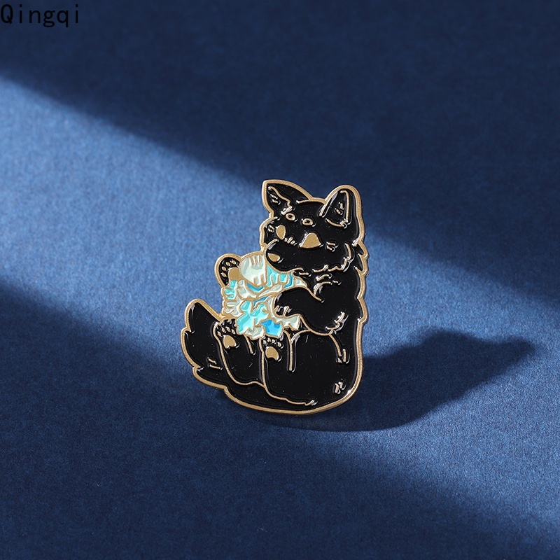 Bros Pin Enamel Bentuk Kartun Serigala Hitam Gaya Punk Untuk Hadiah