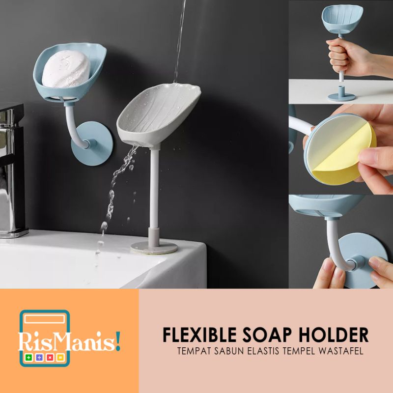 FLEXIBLE SOAP HOLDER - Tempat Kotak Sabun Batang Dispenser Tempel Dinding Toilet Wastafel Cuci Tangan Rak Model Cangkang Kerang Corong 45 Derajat Gagang Panjang Lentur Elastis Storage Tembok Spons Cuci Piring Dapur Shower Puff Kamar Mandi