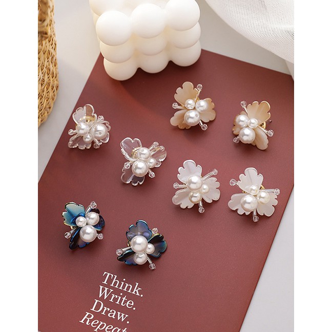 LRC Anting Tusuk Fashion White Pearl Flower Crystal Earrings K70249