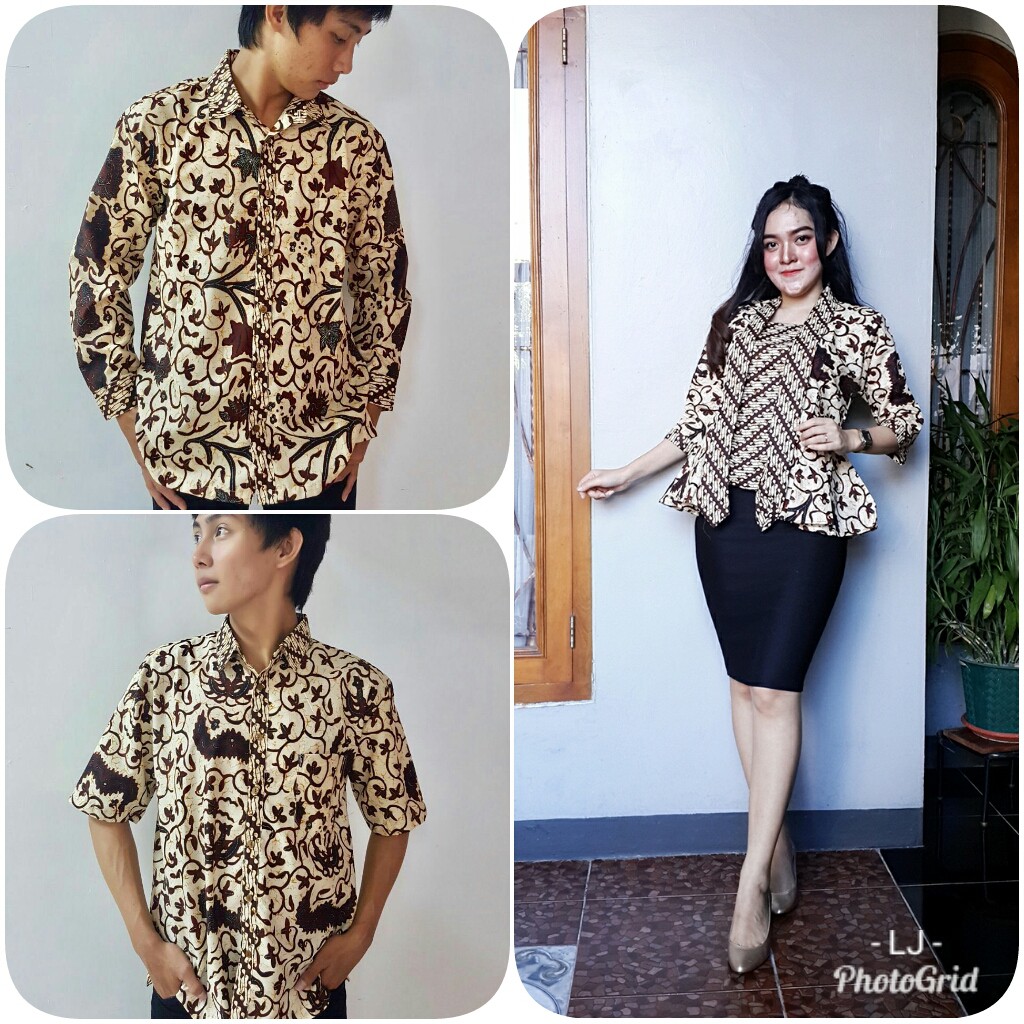 Couple Blus Batik Peplum Wahyu Sogan Sarimbit Atasan Batik Modern Casual Kerja Seragam Kantor