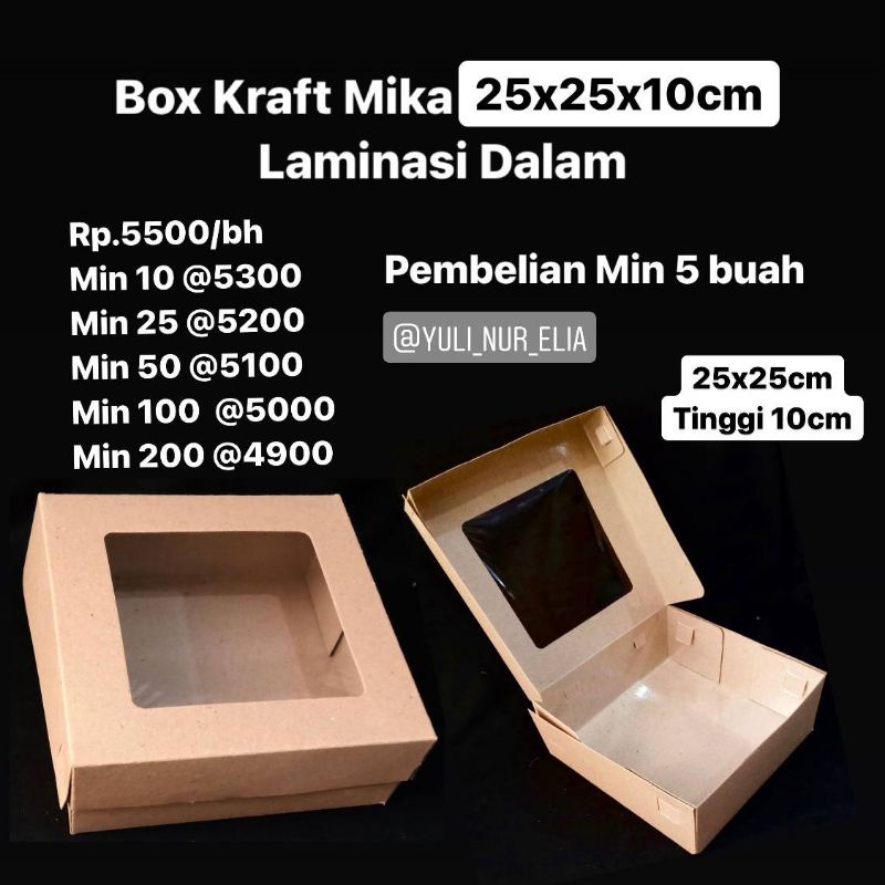 

Box Kraft Mika 25x25x10cm Laminasi Dalam