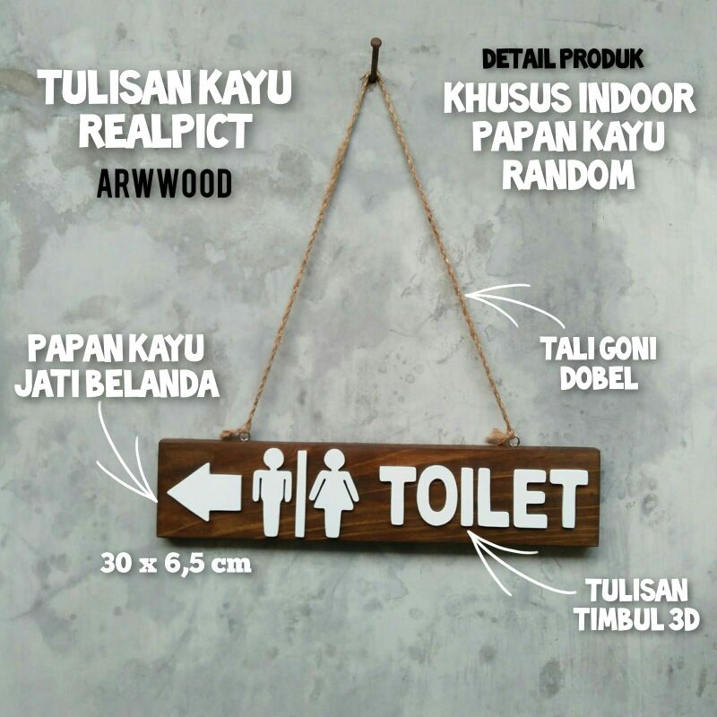 TOILET LOGO PANAH KIRI KANAN TULISAN KAYU JATI BELANDA WALNUT COKLAT PERLENGKAPAN TOKO CAFE OLSHOP C